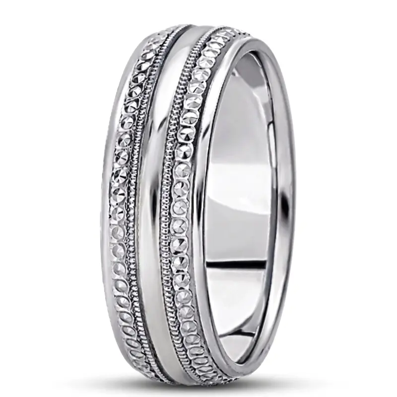 14K white gold 7mm. high polish basic-diamond-carved-wedding-ring - alternate view 3