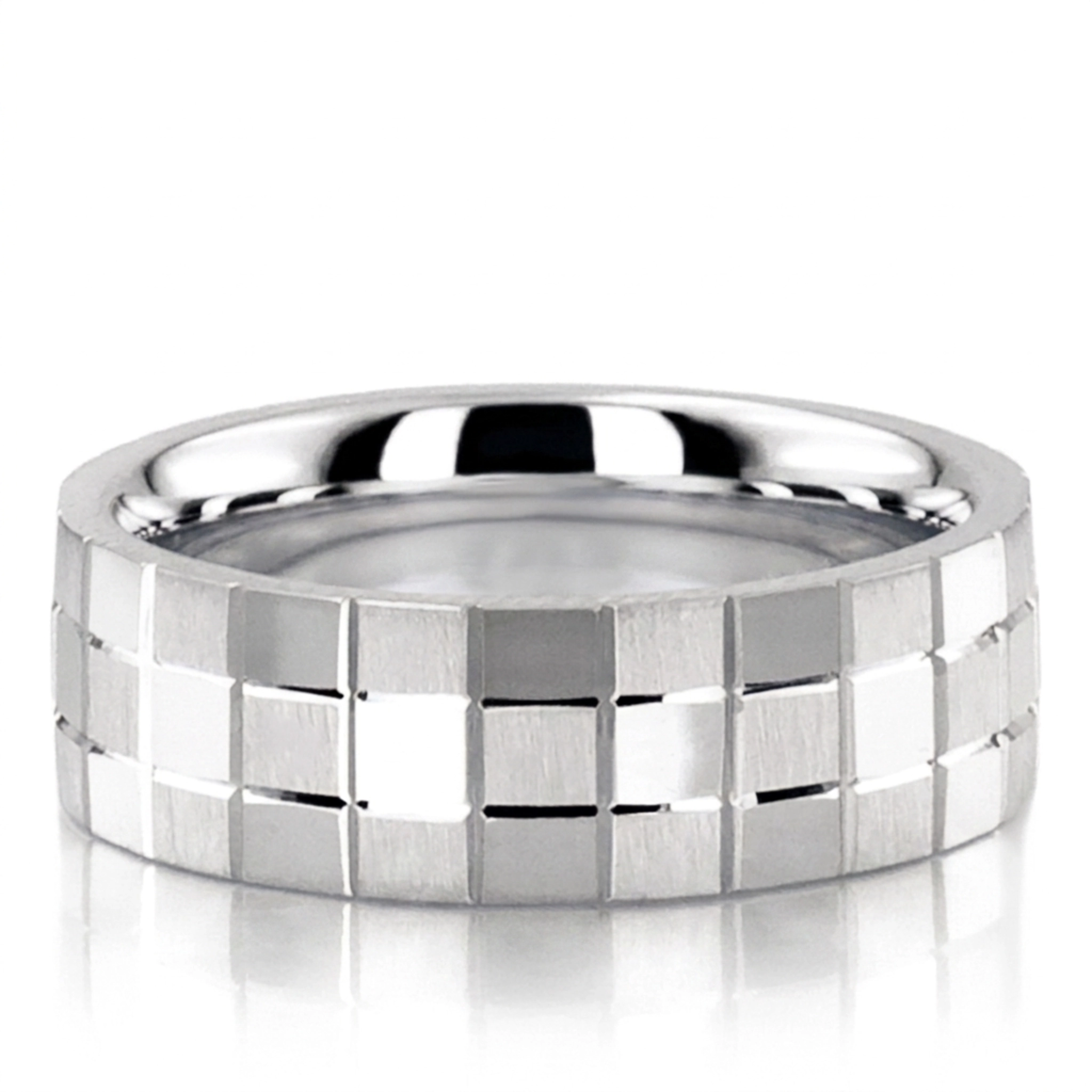 10K white gold 6mm. cross satin basic-diamond-carved-wedding-band - main view
