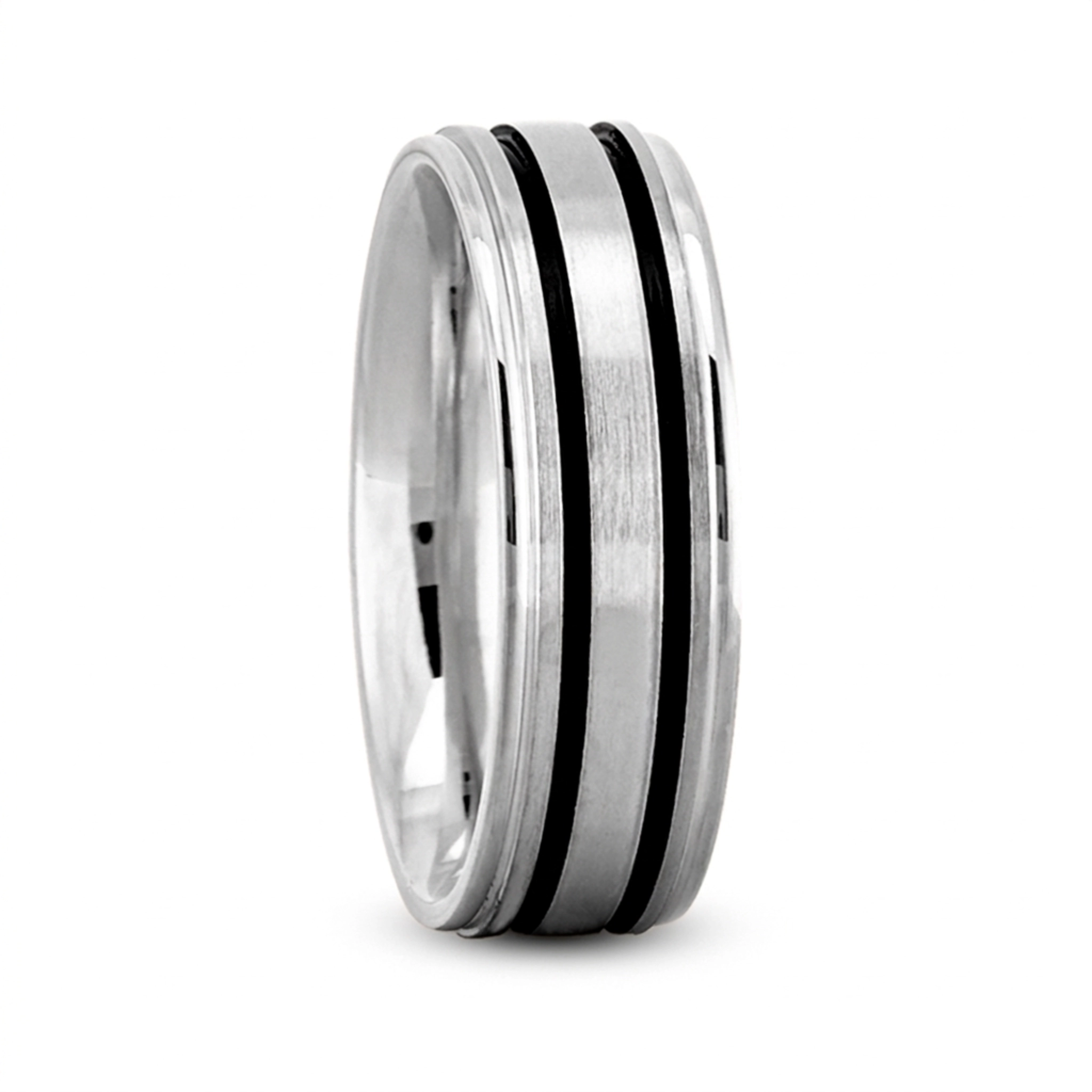 10K white gold 7mm. satin Classic-Double-Black-Line-Wedding-Ring - main view