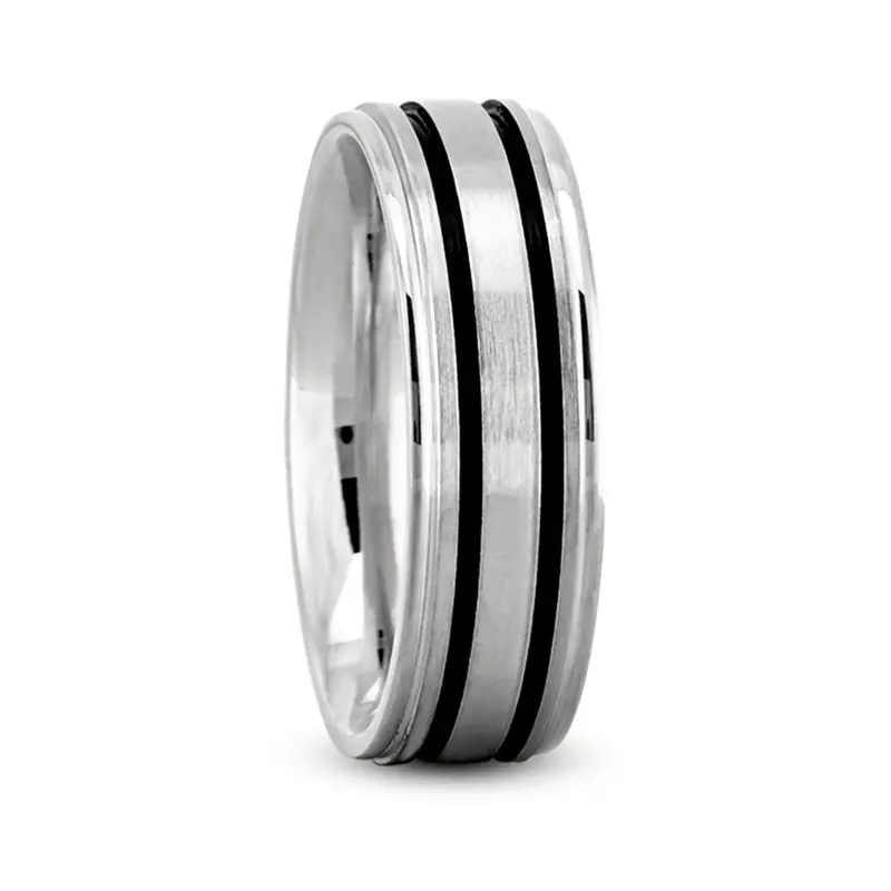14K white gold 7mm. satin Classic-Double-Black-Line-Wedding-Ring - main view