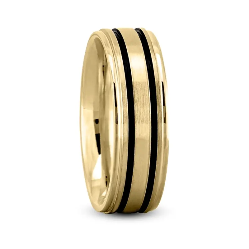 14K yellow gold 7mm. satin Classic-Double-Black-Line-Wedding-Ring - alternate view 2