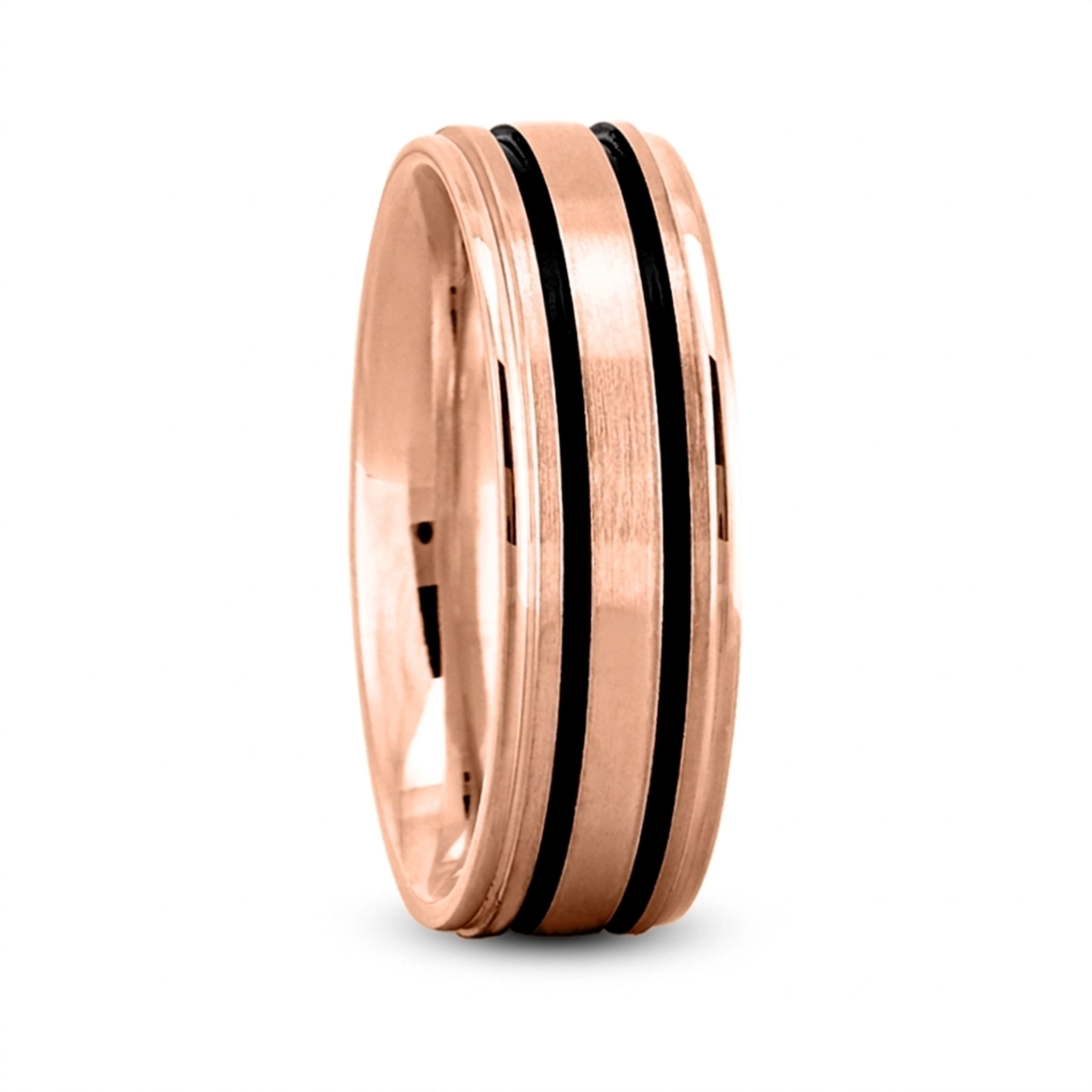 10K pink gold 7mm. satin Classic-Double-Black-Line-Wedding-Ring - alternate view 3