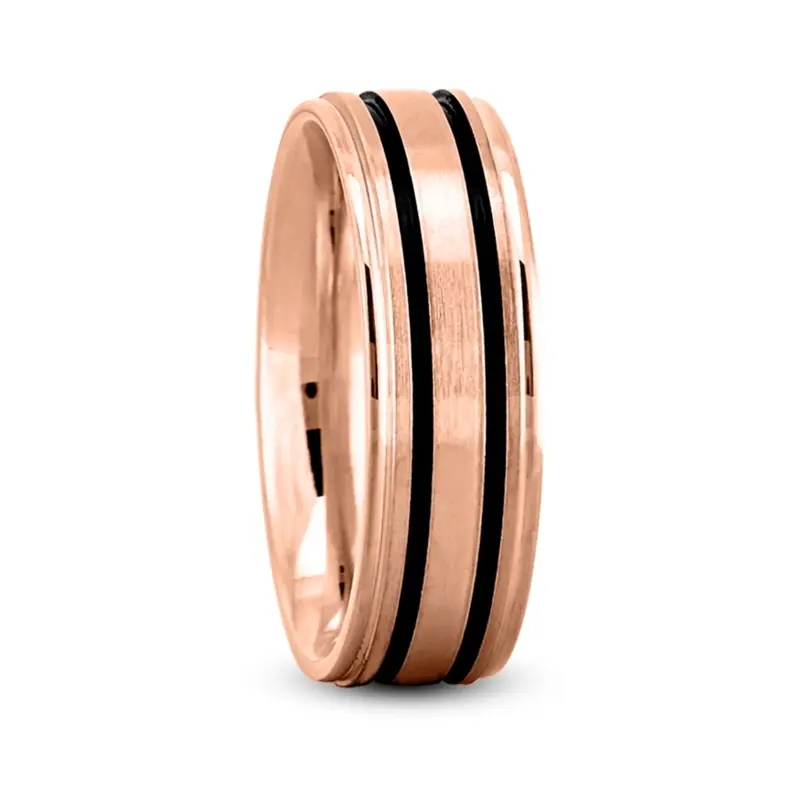 14K pink gold 7mm. satin Classic-Double-Black-Line-Wedding-Ring - alternate view 3