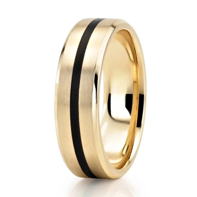 14K yellow gold 7mm. satin finish Beveled-Edge-Black-Center-Wedding-Ring - main view