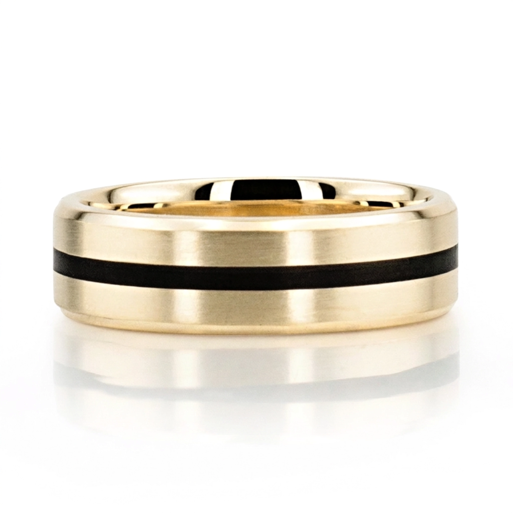 10K yellow gold 7mm. satin finish Beveled-Edge-Black-Center-Wedding-Ring - alternate view 2
