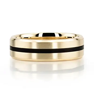 10K yellow gold 7mm. satin finish Beveled-Edge-Black-Center-Wedding-Ring - alternate view 2 thumbnail
