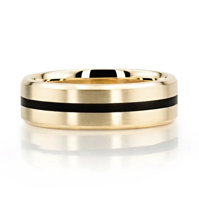 14K yellow gold 7mm. satin finish Beveled-Edge-Black-Center-Wedding-Ring - alternate view 2