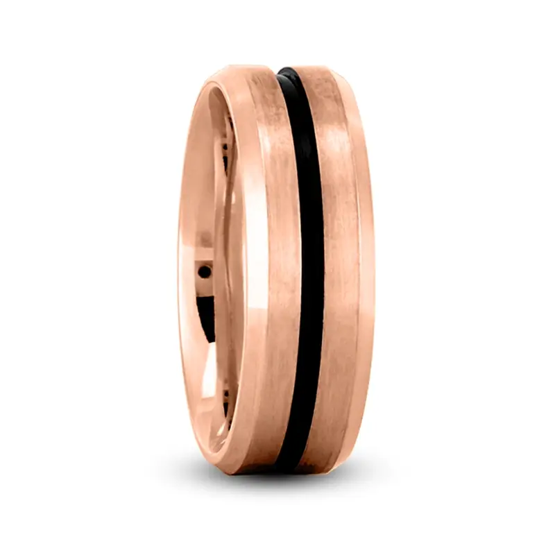 14K pink gold 7mm. satin Beveled-Edge-Black-Center-Wedding-Ring - alternate view 3
