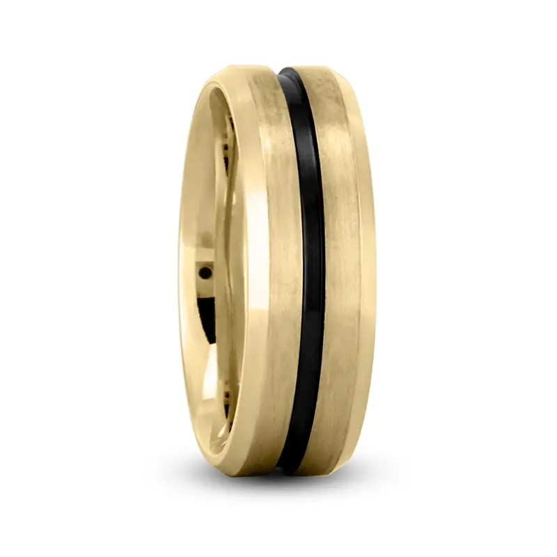 14K yellow gold 7mm. satin Beveled-Edge-Black-Center-Wedding-Ring - alternate view 5