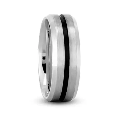 10K white gold 7mm. satin Beveled-Edge-Black-Center-Wedding-Ring - alternate view 4 thumbnail