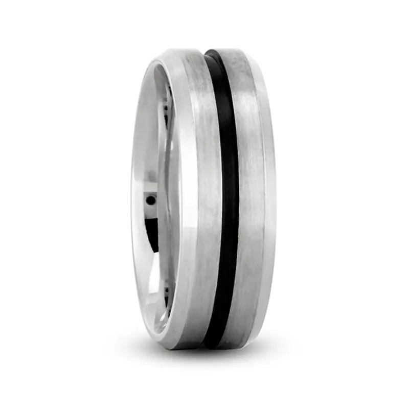 14K white gold 7mm. satin Beveled-Edge-Black-Center-Wedding-Ring - alternate view 4