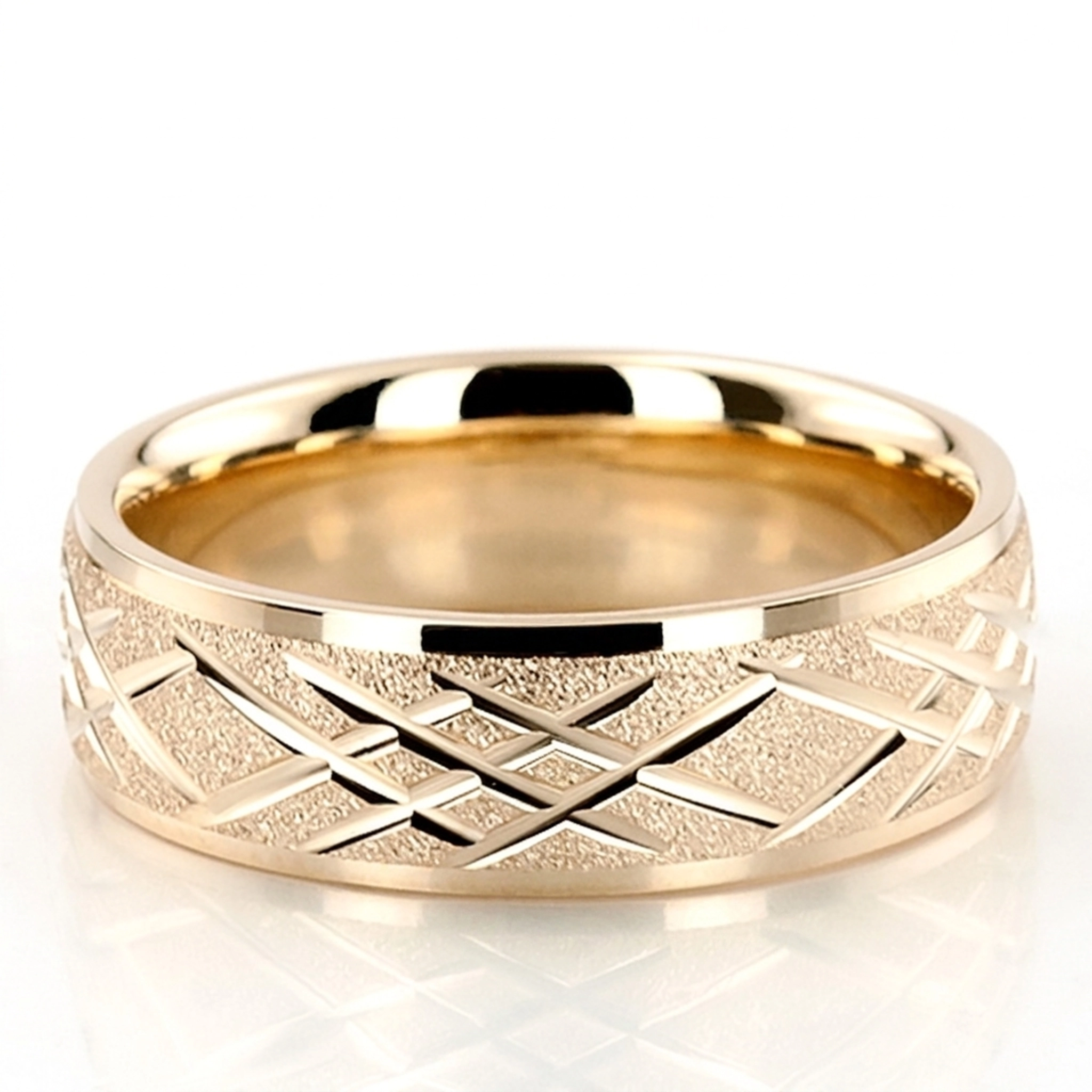 10K yellow gold 7mm. stone finish diamond-carved-weddingband - alternate view 2