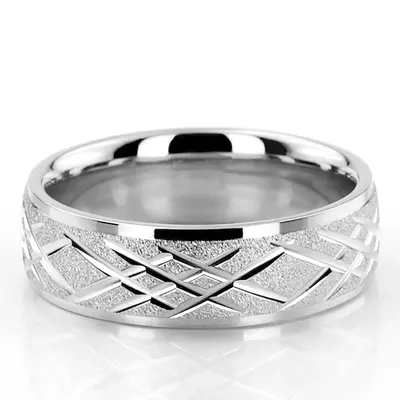 10K white gold 7mm. stone finish diamond-carved-weddingband - main view thumbnail
