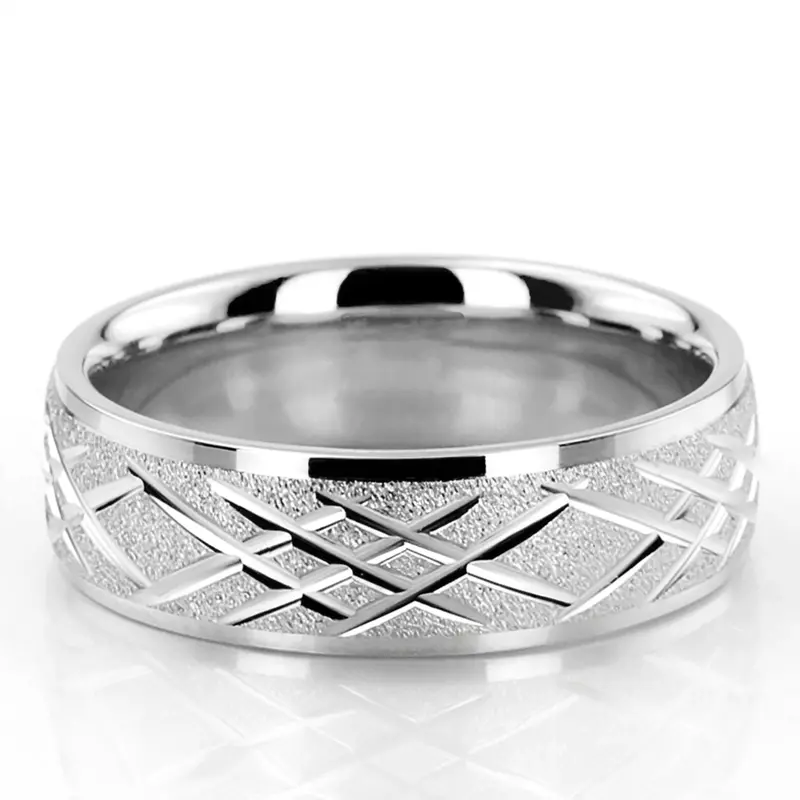 platinum 7mm. stone finish diamond-carved-weddingband - main view
