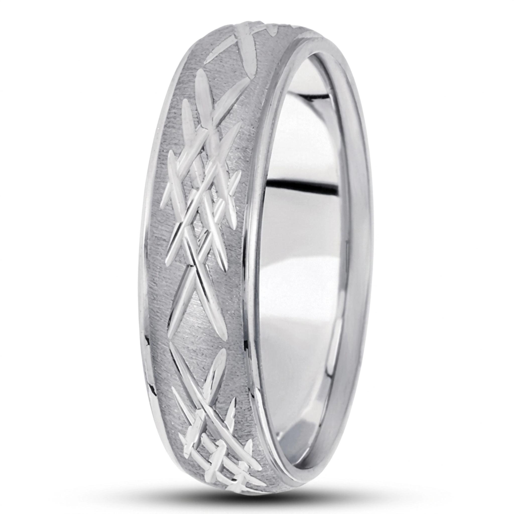 10K white gold 7mm. cross satin diamond-carved-weddingband - alternate view 3