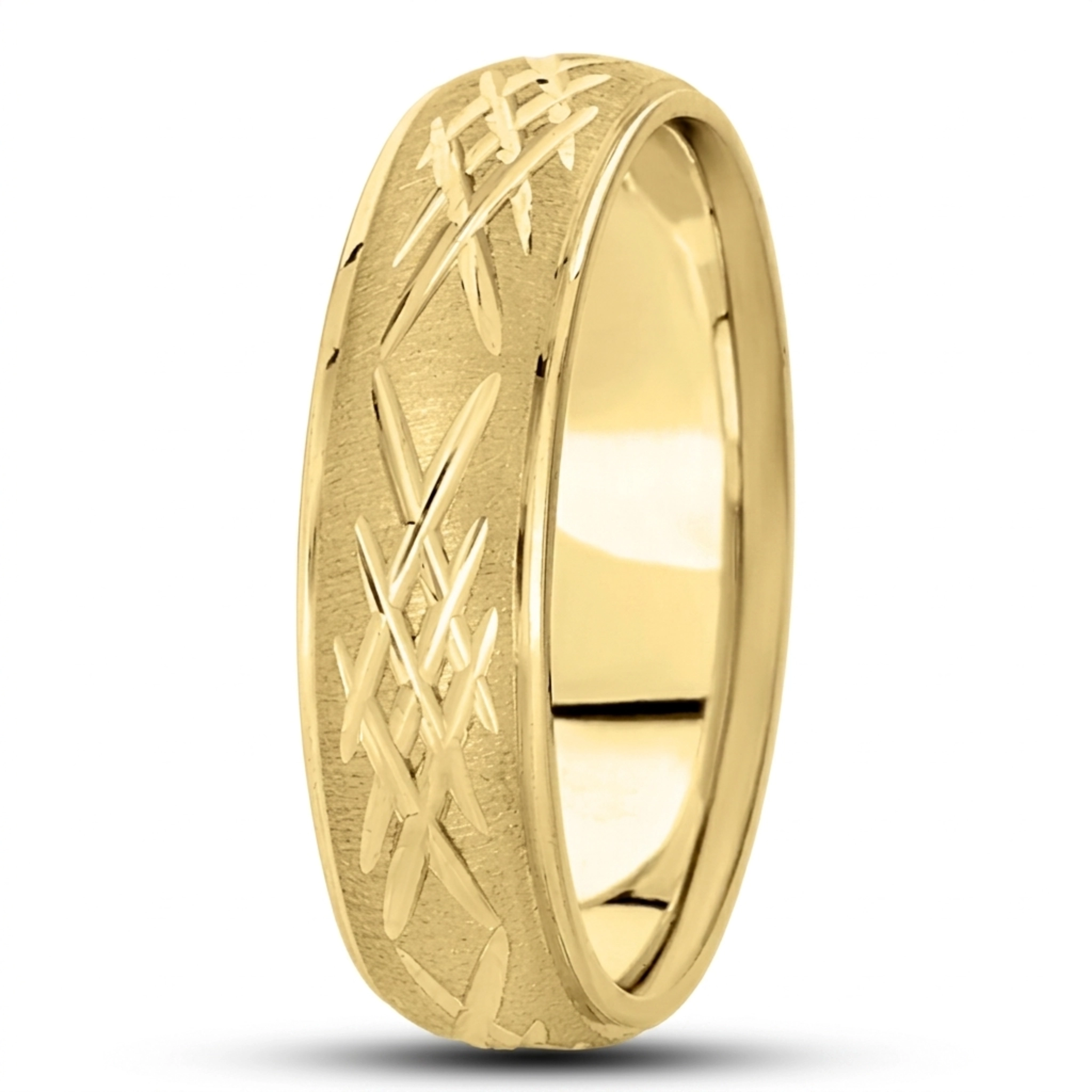 10K yellow gold 7mm. cross satin diamond-carved-weddingband - alternate view 5