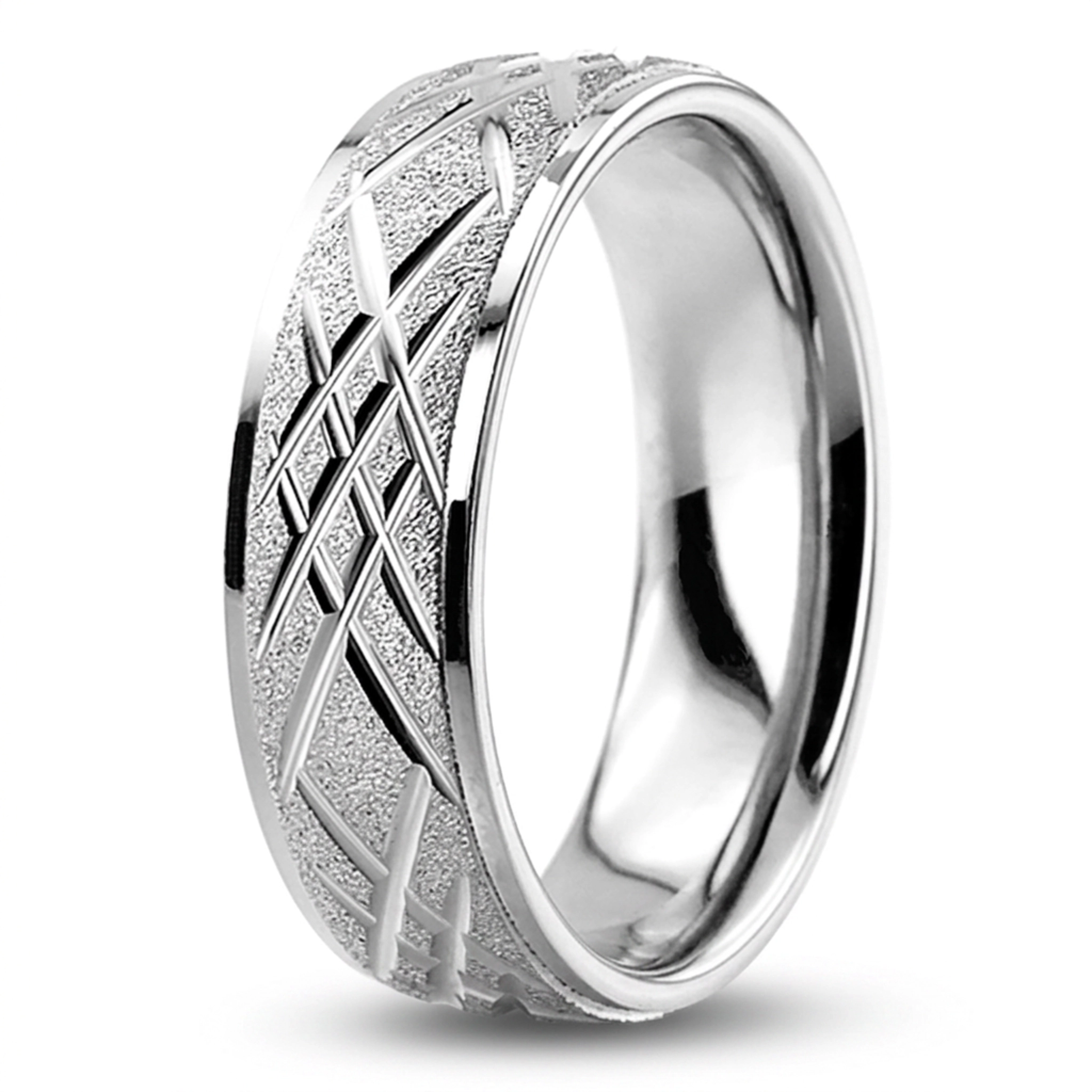 10K white gold 7mm. stone finish diamond-carved-weddingband - alternate view 6