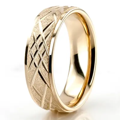 10K yellow gold 7mm. stone finish diamond-carved-weddingband - alternate view 7 thumbnail