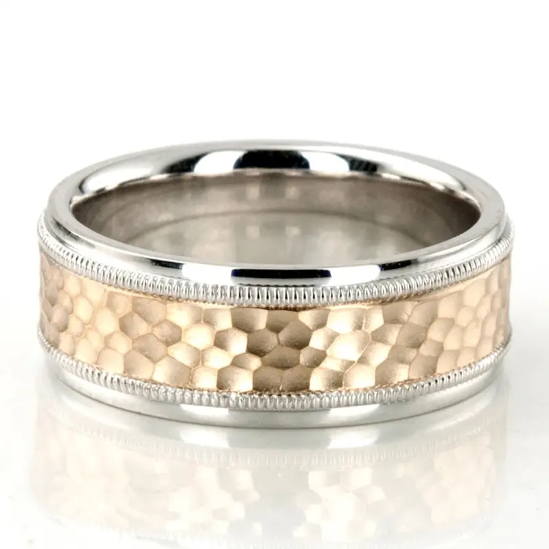 10K white-yellow-white gold 8mm. hammer basic-diamond-carved-wedding-ring - alternate view 2