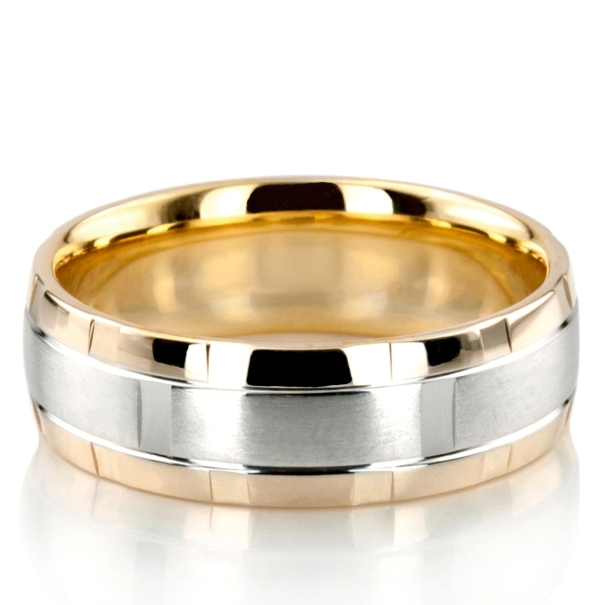 10K yellow-white-yellow gold 7mm. satin basic-diamond-carved-wedding-band - main view