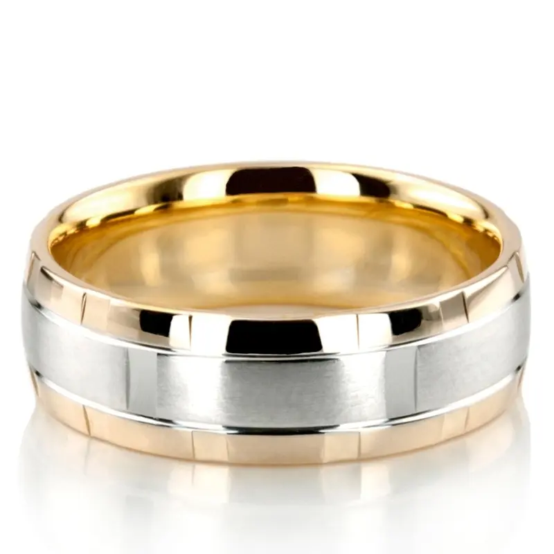 10K yellow-white-yellow gold 7mm. satin basic-diamond-carved-wedding-band - main view