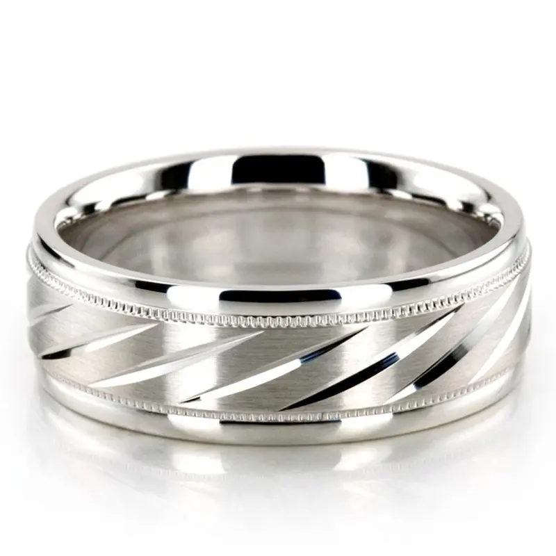 10K white gold 7mm. satin basic-carved-diamond-cut-wedding-ring - alternate view 2