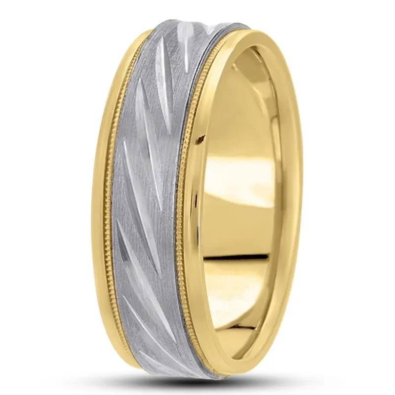 10K yellow-white-yellow gold 7mm. satin basic-carved-diamond-cut-wedding-ring - alternate view 9