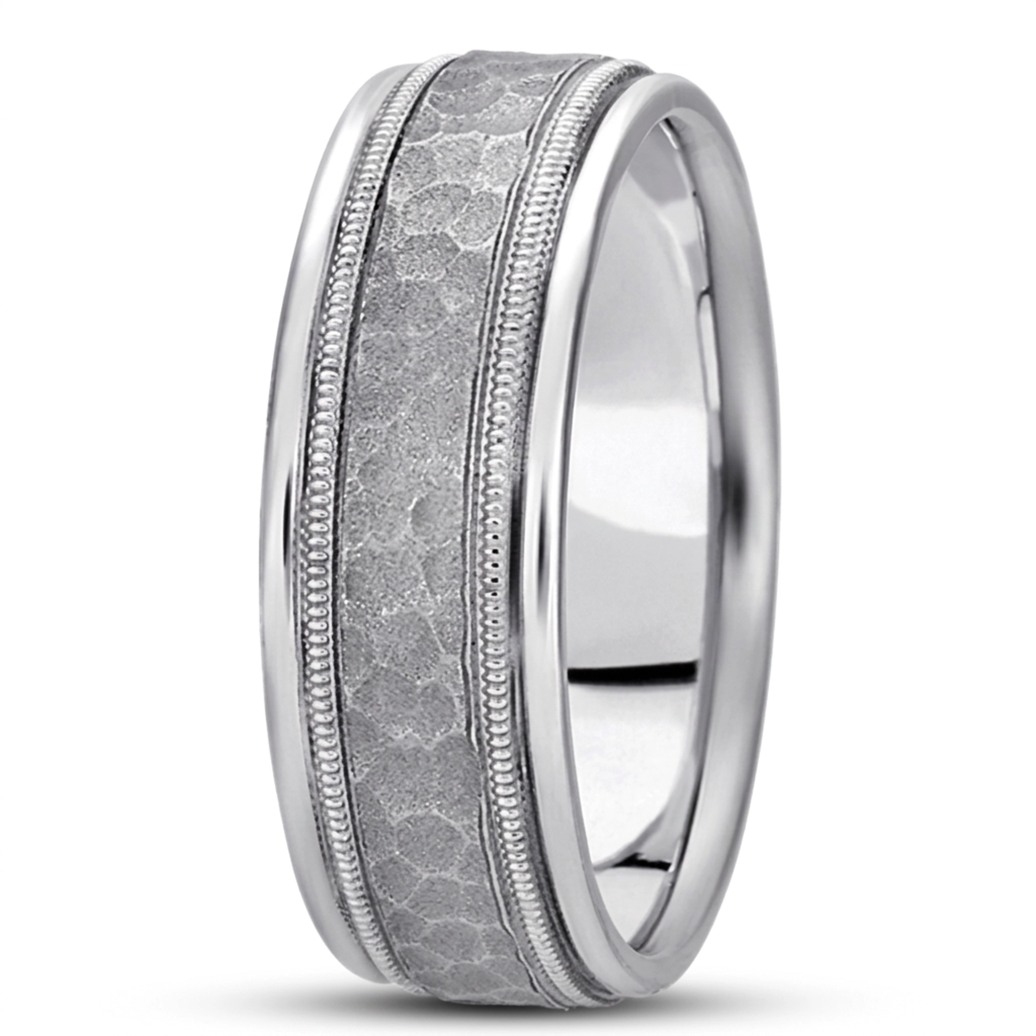 10K white gold 8mm. hammer basic-diamond-carved-wedding-ring - main view