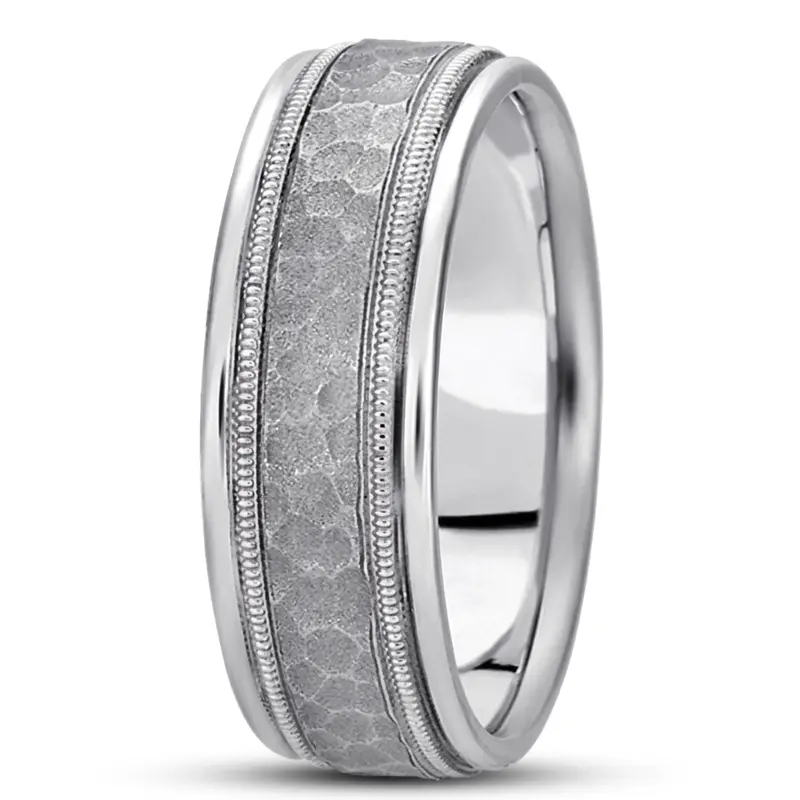 10K white gold 8mm. hammer basic-diamond-carved-wedding-ring - main view