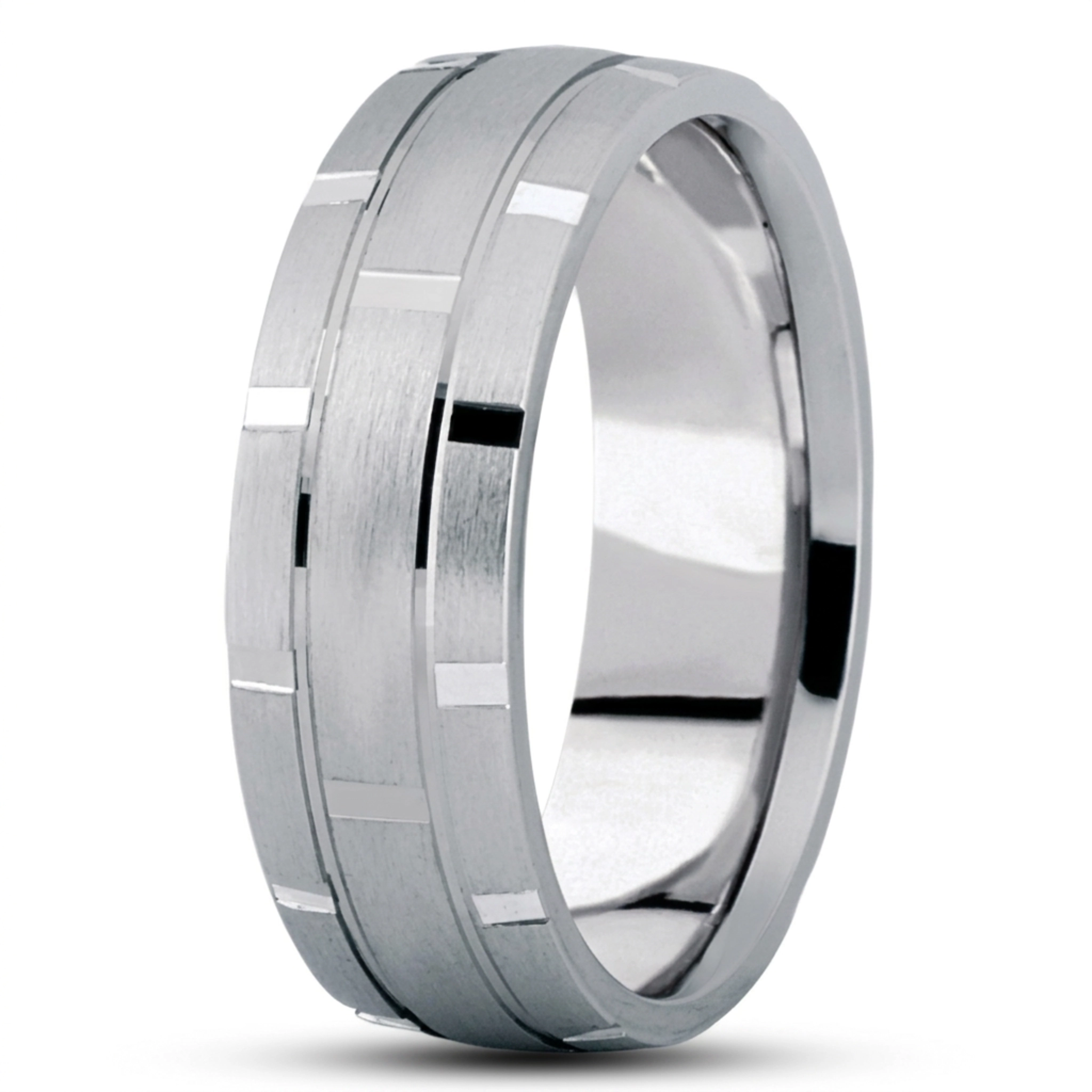 10K white gold 7mm. satin basic-diamond-carved-wedding-band - alternate view 6