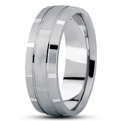 10K white gold 7mm. satin basic-diamond-carved-wedding-band - alternate view 6 thumbnail