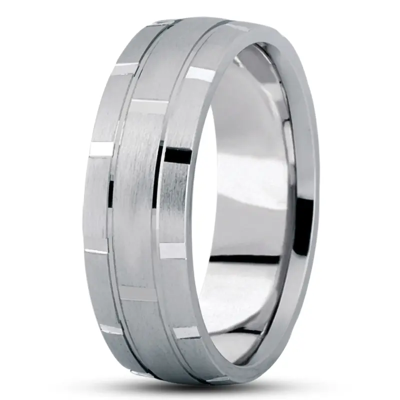 10K white gold 7mm. satin basic-diamond-carved-wedding-band - alternate view 6