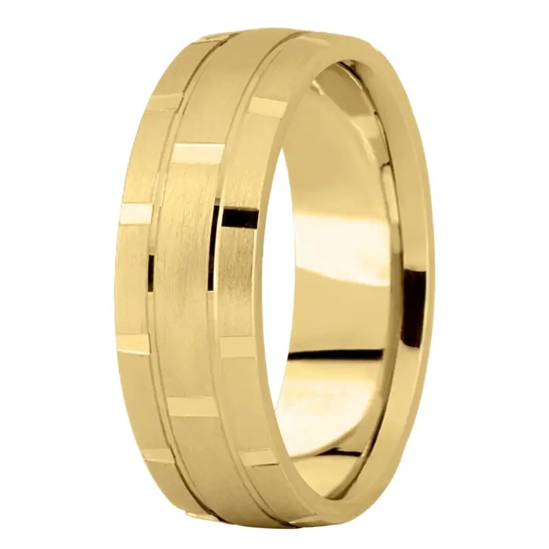 10K yellow gold 7mm. satin basic-diamond-carved-wedding-band - alternate view 5