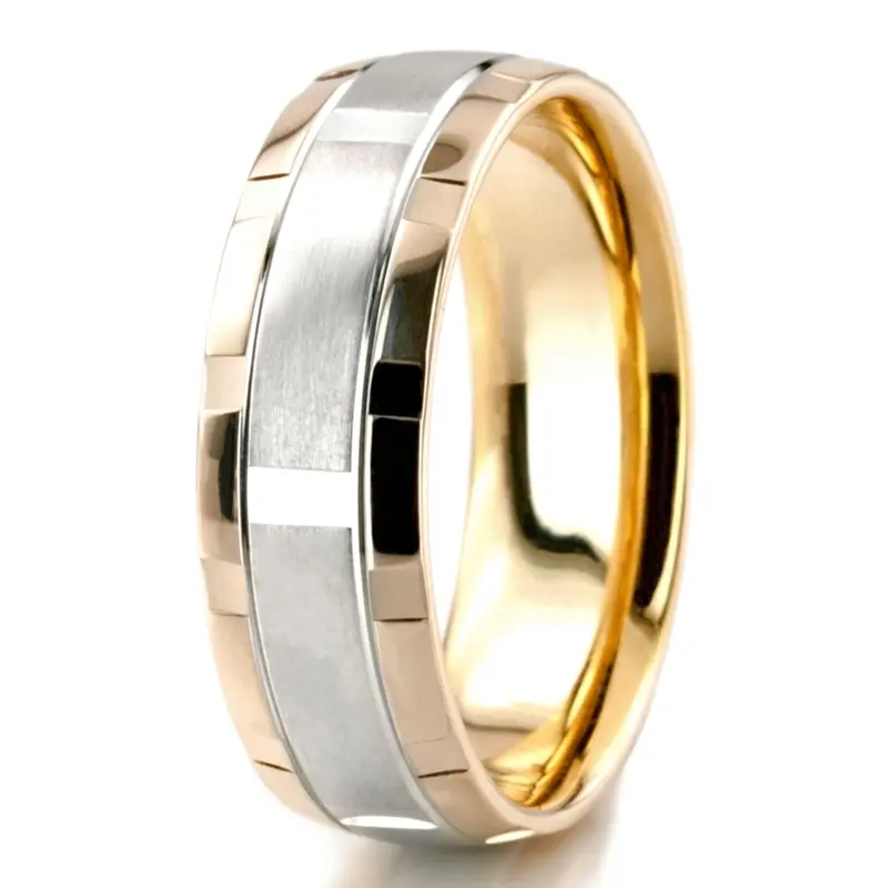 10K yellow-white-yellow gold 7mm. satin basic-diamond-carved-wedding-band - alternate view 7