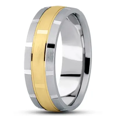 10K white-yellow-white gold 7mm. satin basic-diamond-carved-wedding-band - alternate view 4 thumbnail