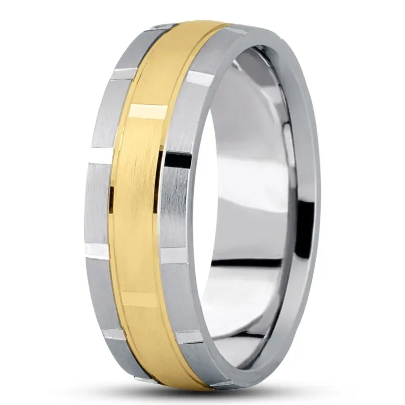 10K white-yellow-white gold 7mm. satin basic-diamond-carved-wedding-band - alternate view 4