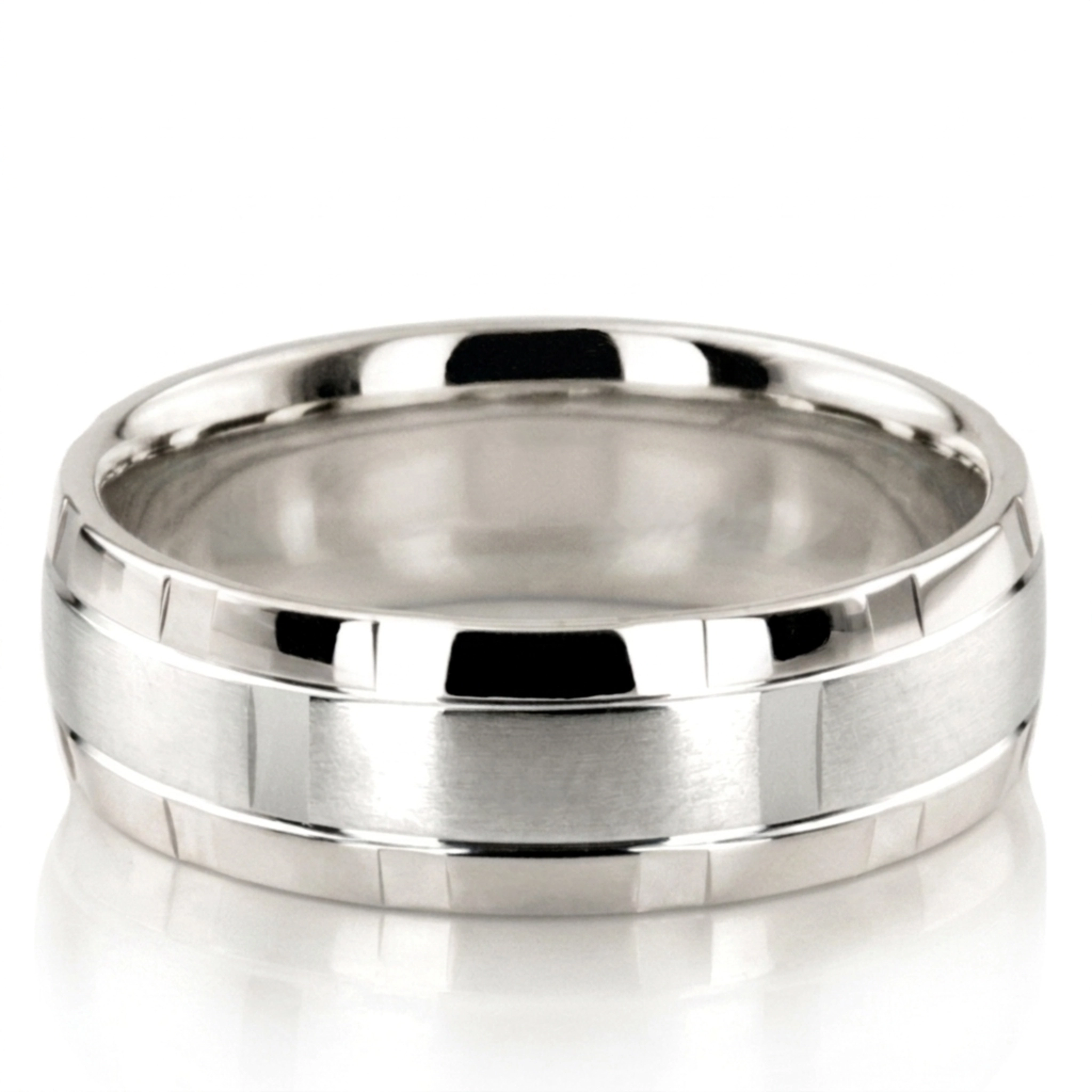 10K white gold 7mm. satin basic-diamond-carved-wedding-band - alternate view 3