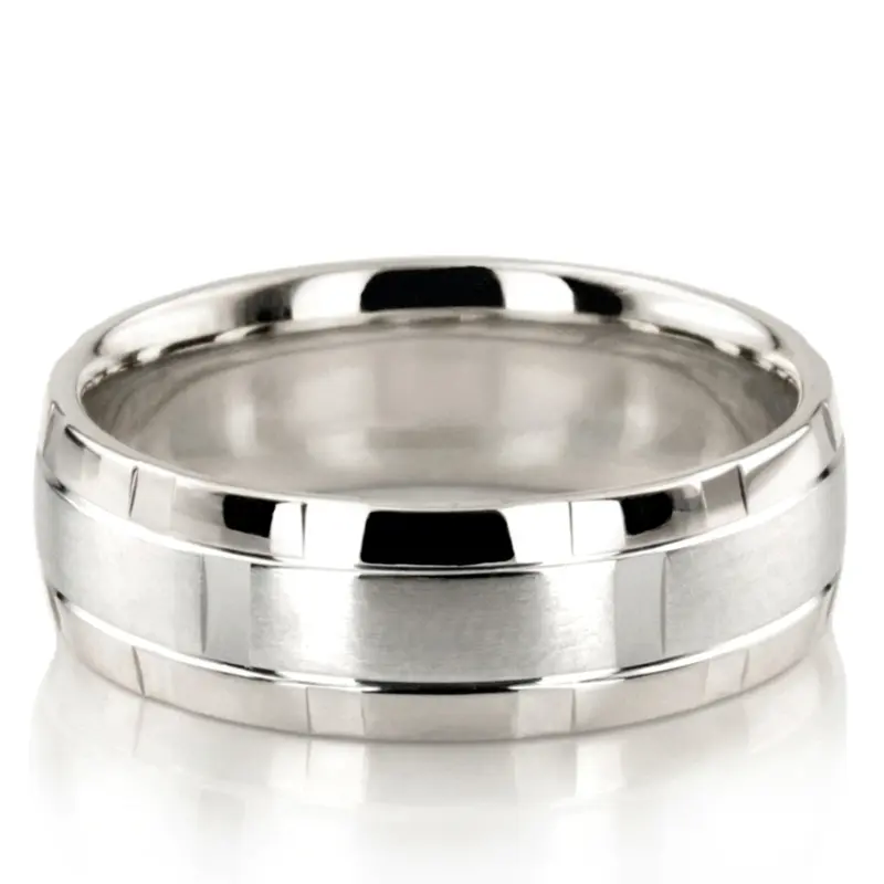 10K white gold 7mm. satin basic-diamond-carved-wedding-band - alternate view 3