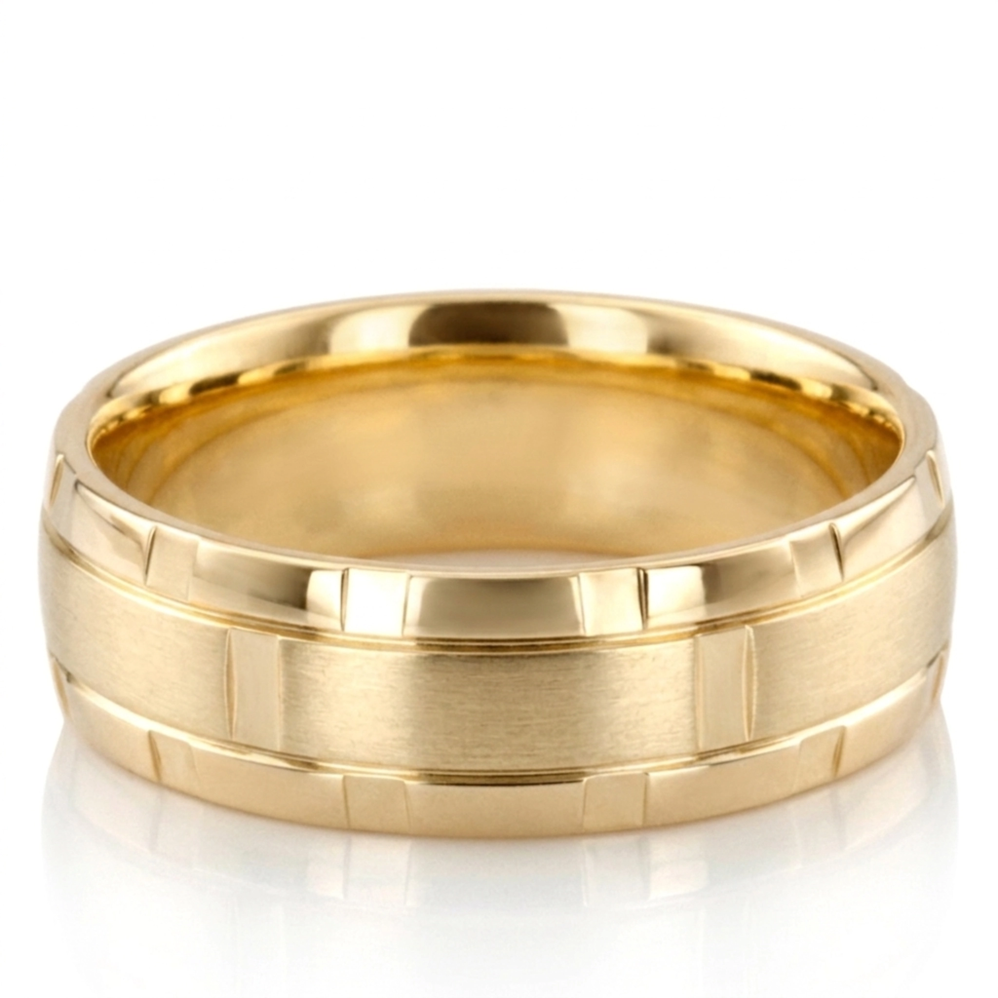 10K yellow gold 7mm. satin basic-diamond-carved-wedding-band - alternate view 2