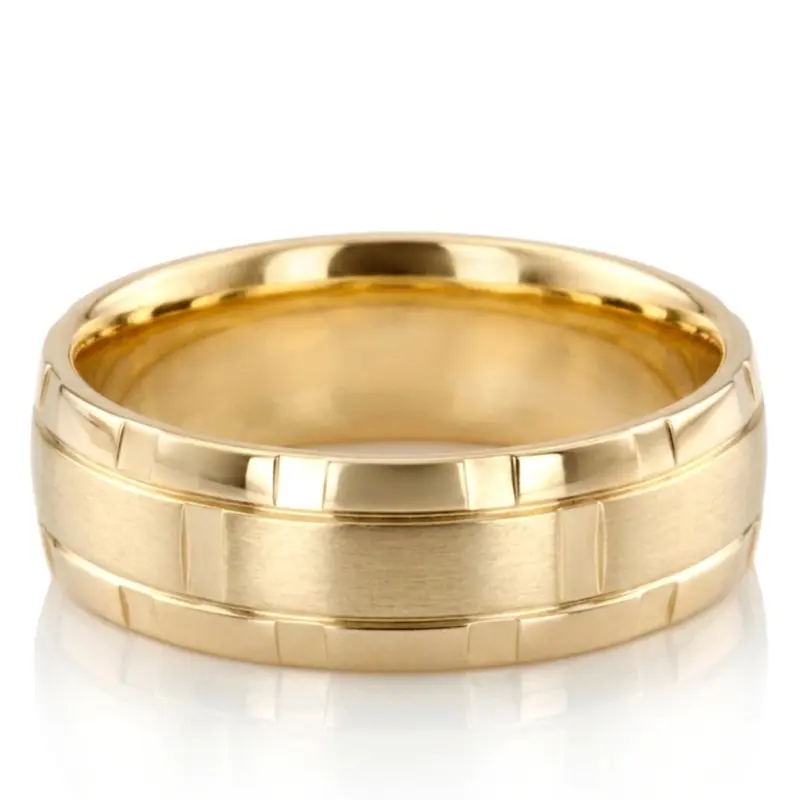 10K yellow gold 7mm. satin basic-diamond-carved-wedding-band - alternate view 2