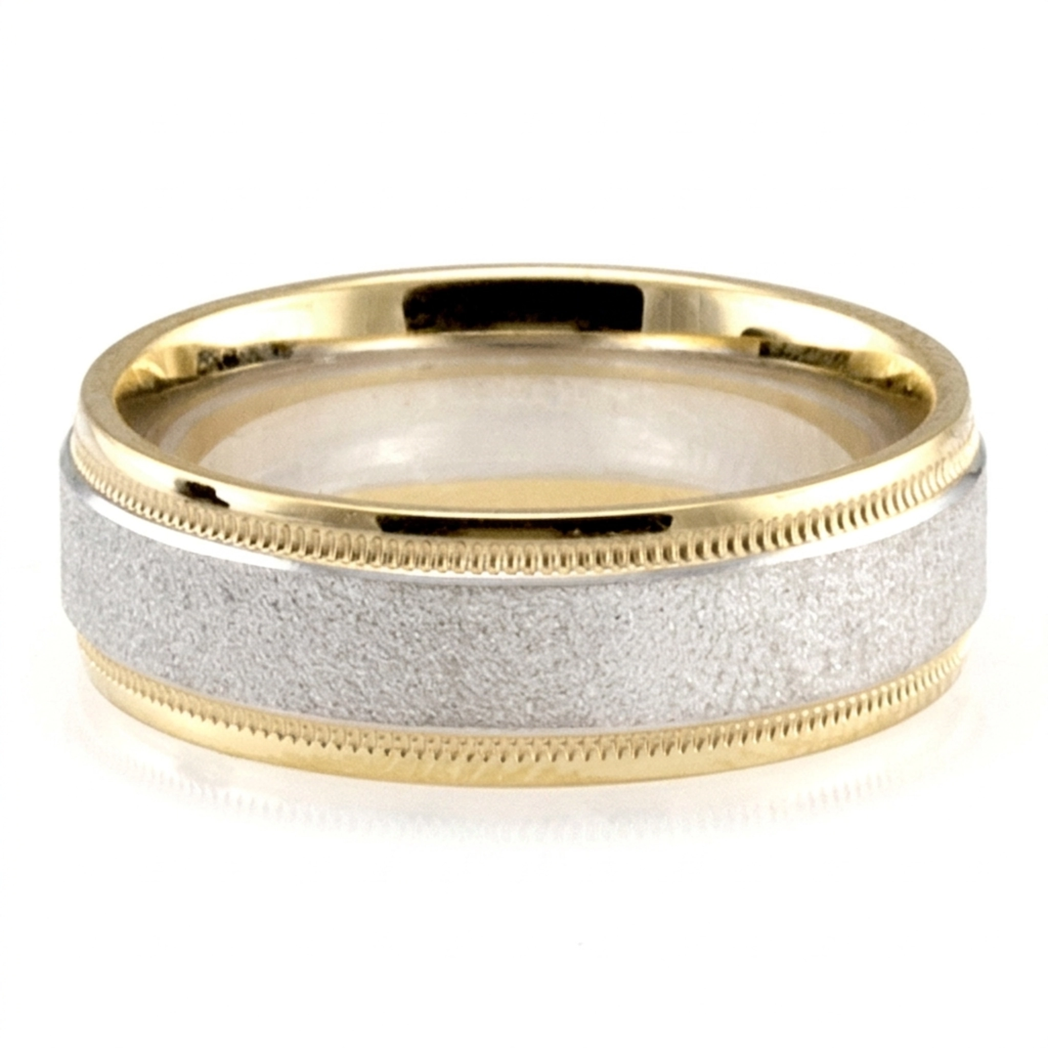 14K yellow-white-yellow gold 7mm. stone finish basic-carved-wedding-bands - main view