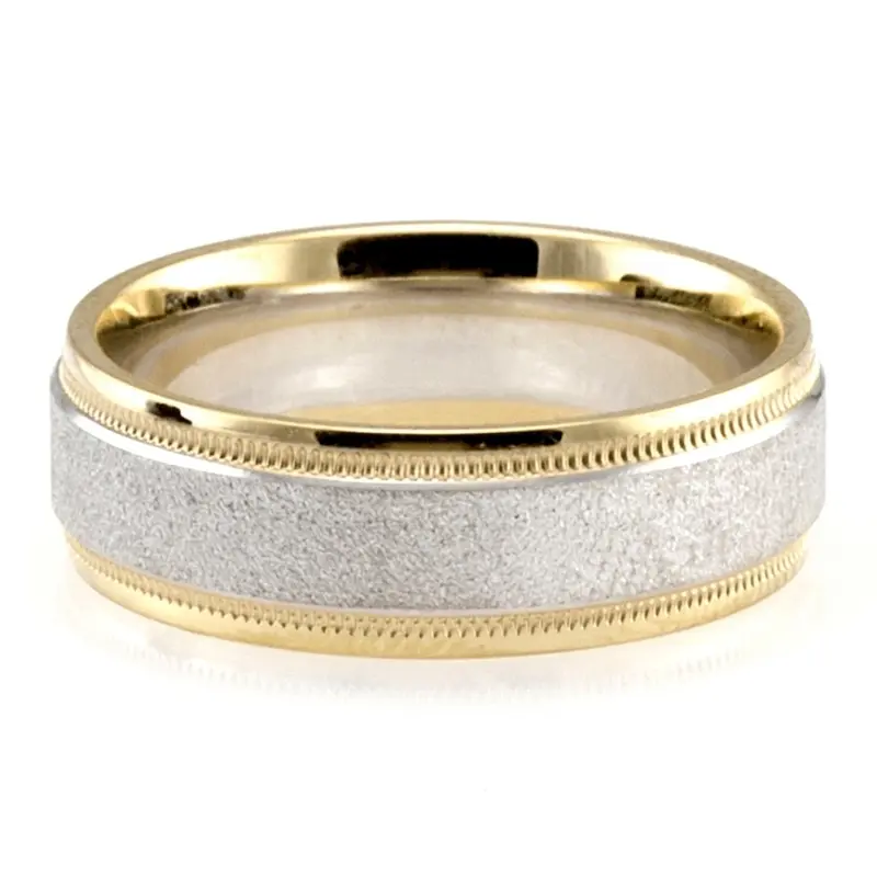 10K yellow-white-yellow gold 7mm. stone finish basic-carved-wedding-bands - alternate view 2