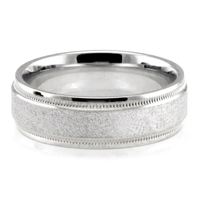 10K white gold 7mm. stone finish basic-carved-wedding-bands - main view