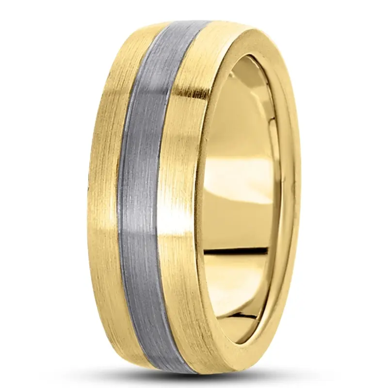 14K yellow-white-yellow gold 7mm. satin basic-carved-simple-wedding-bands - alternate view 4