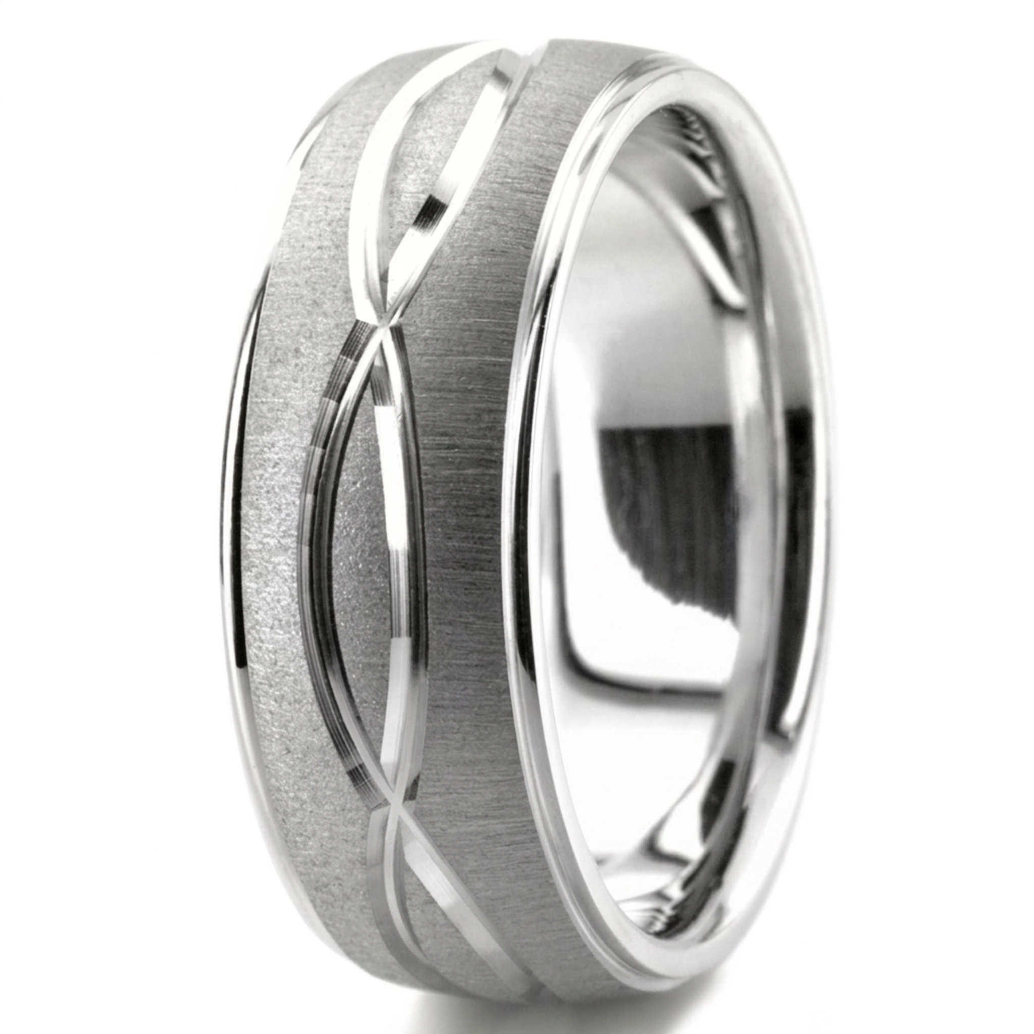 10K white gold 8mm. cross satin diamond-cut-wedding-band - alternate view 4
