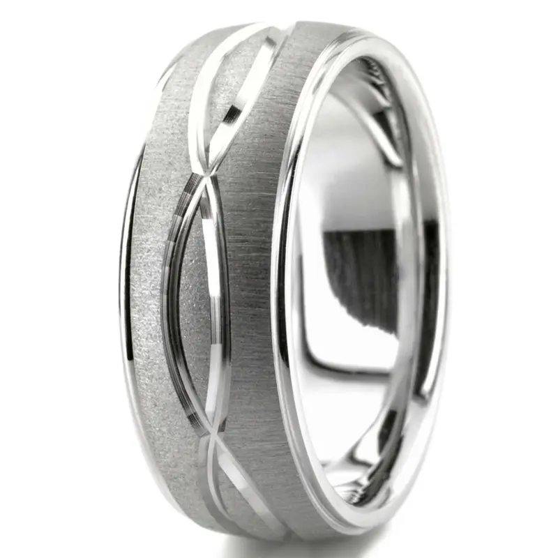 10K white gold 8mm. cross satin diamond-cut-wedding-band - alternate view 4