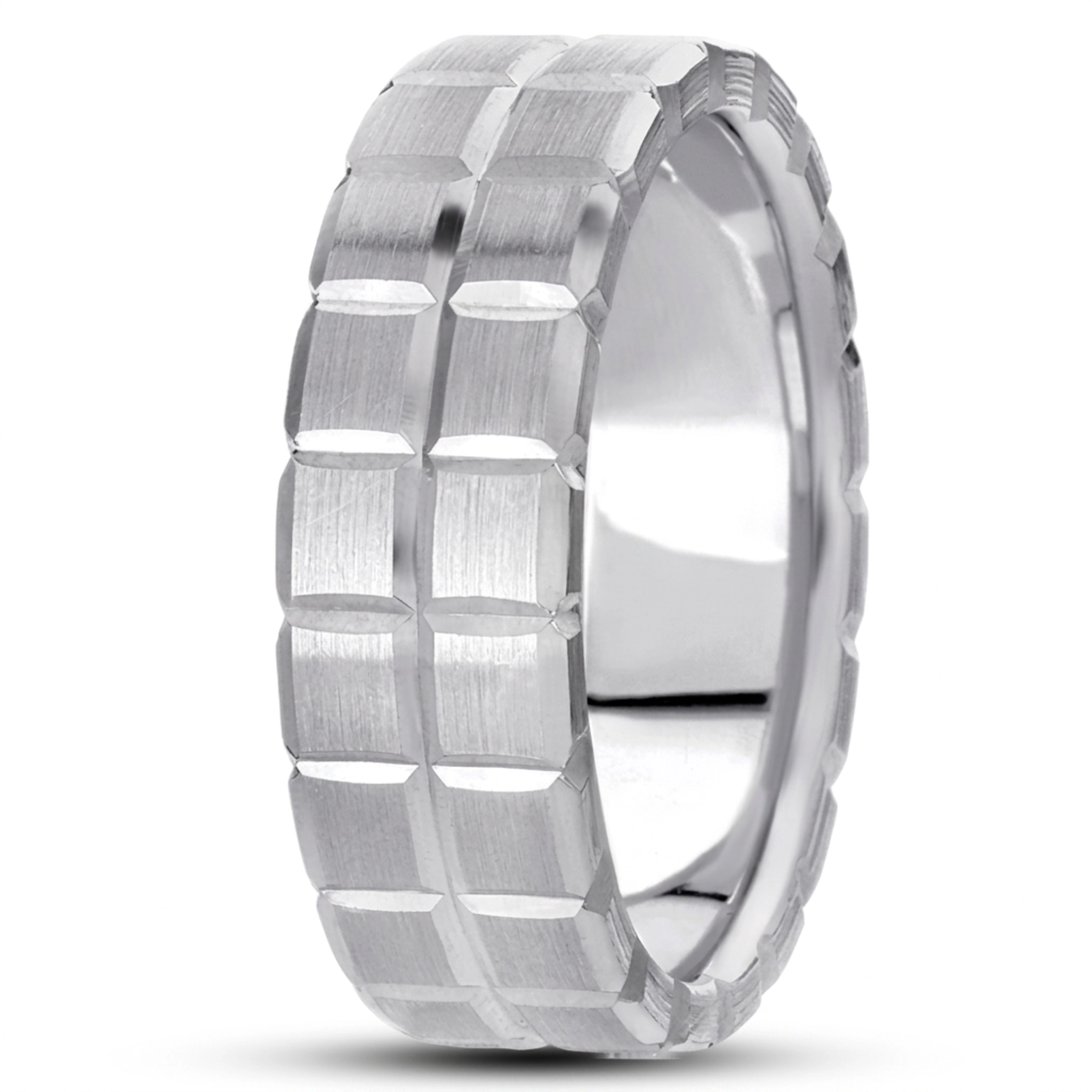 10K white gold 8mm. satin diamond-carved-wedding-ring - alternate view 2