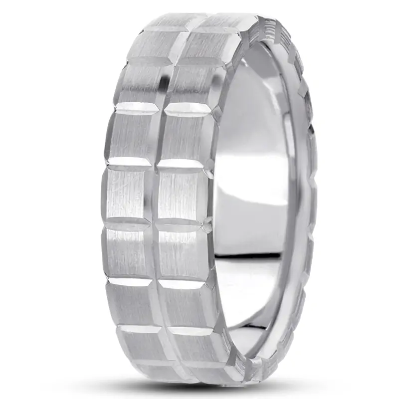 14K white gold 8mm. satin diamond-carved-wedding-ring - alternate view 2