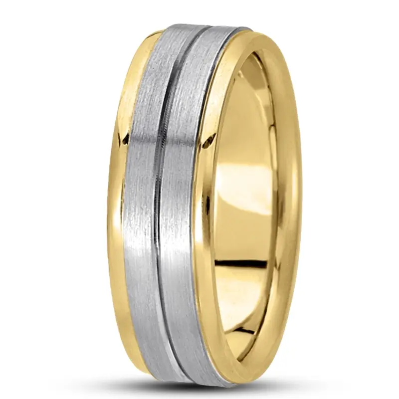 14K yellow-white-yellow gold 7mm. satin basic-carved-simple-wedding-bands - main view
