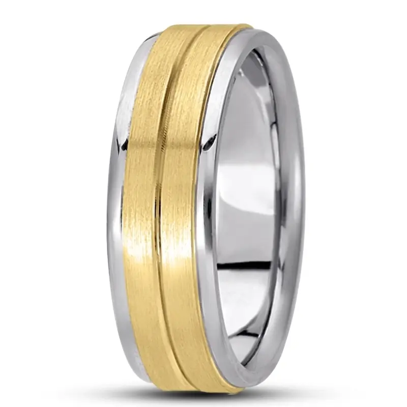 14K white-yellow-white gold 7mm. satin basic-carved-simple-wedding-bands - alternate view 2